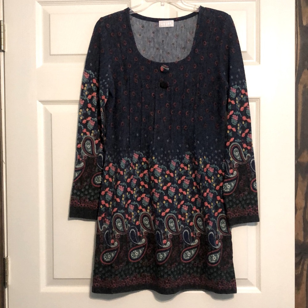 Navy Blue with Paisley Print Wool Dress Large